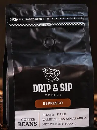 Drip & Sip Espresso: a black zip pouch with a brown Espresso tag